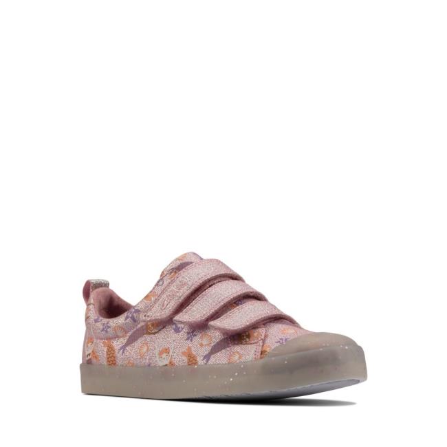 Sapatos De Lona Clarks Foxing Print Kid Menina Rosa | CLK568VHU