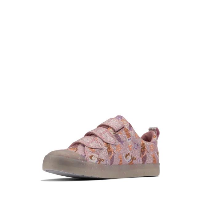 Sapatos De Lona Clarks Foxing Print Kid Menina Rosa | CLK568VHU