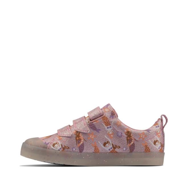 Sapatos De Lona Clarks Foxing Print Kid Menina Rosa | CLK568VHU