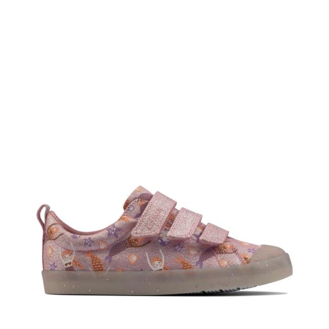 Sapatos De Lona Clarks Foxing Print Kid Menina Rosa | CLK568VHU